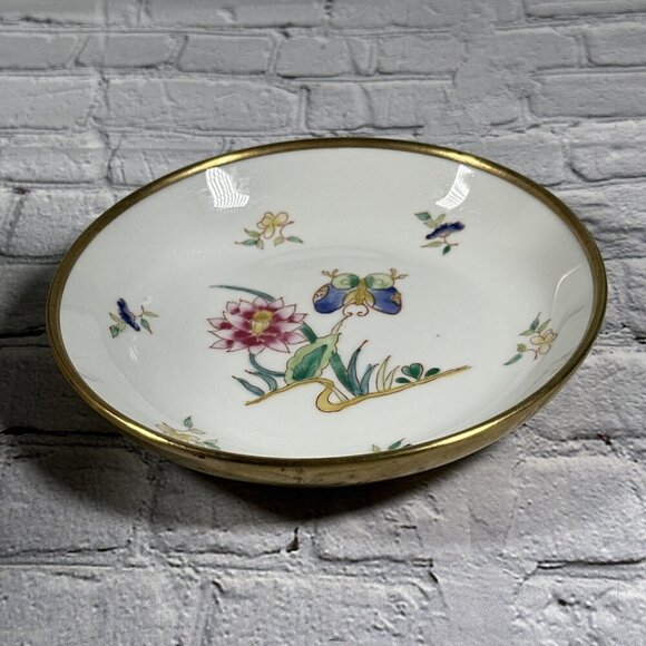 Vintage White Pink Butterfly Porcelain Brass Style Metal Trinket Bowl Hong Kong - Picture 12 of 14